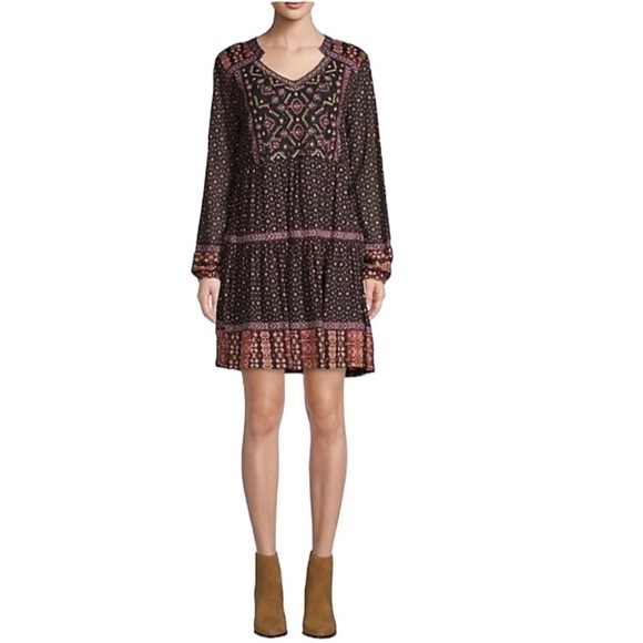 NWOT STYLE & CO. Multicolored Beaded Long Sleeve Peasant Boho Dress Lined XS - Picture 2 of 16